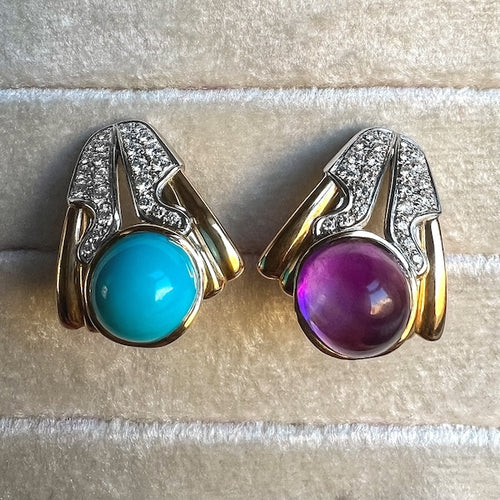 Vintage Turquoise, Amethyst & Diamond Earrings sold by Doyle and Doyle an antique and vintage jewelry boutique