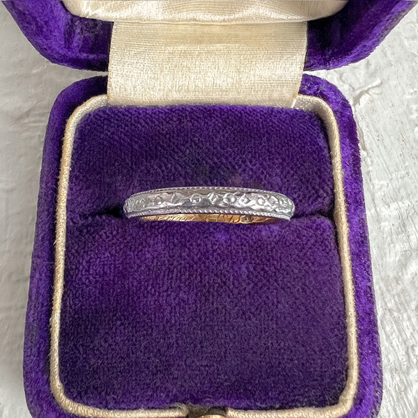 Vintage Patterned Platinum & Gold Wedding Band sold by Doyle and Doyle an antique and vintage jewelry boutique