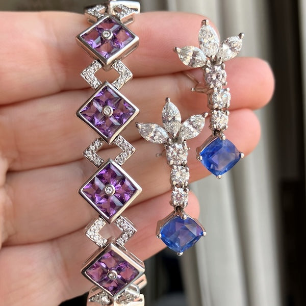 Estate amethyst and diamond bracelet with vintage sapphire and diamond earrings, from Doyle & Doyle antique and vintage jewelry boutique