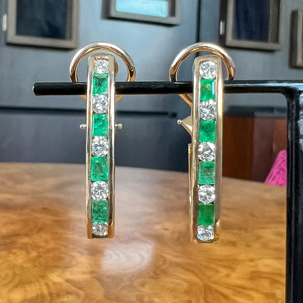 Estate Emerald & Diamond Hoop Earrings sold by Doyle and Doyle an antique and vintage jewelry boutique