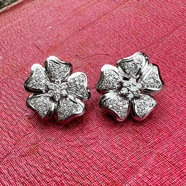 Vintage Pave Set Flower Diamond Earrings sold by Doyle and Doyle an antique and vintage jewelry boutique