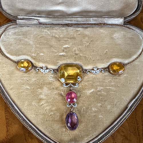 Victorian Citrine, Tourmaline, Amethyst & Enamel Necklace sold by Doyle and Doyle an antique and vintage jewelry boutique