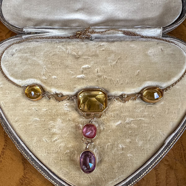 Victorian Citrine, Tourmaline, Amethyst & Enamel Necklace sold by Doyle and Doyle an antique and vintage jewelry boutique