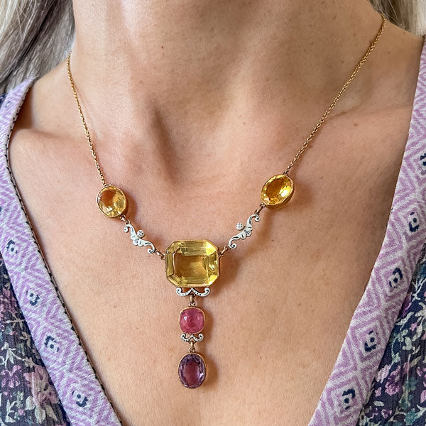 Victorian Citrine, Tourmaline, Amethyst & Enamel Necklace sold by Doyle and Doyle an antique and vintage jewelry boutique