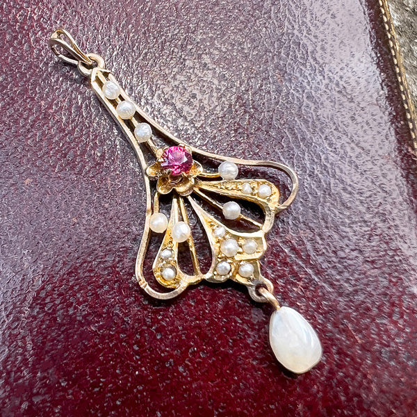Vintage Tourmaline & Pearl Lavalier Pendant sold by Doyle and Doyle an antique and vintage jewelry boutique