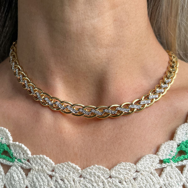 Vintage Gold Woven Link Diamond Necklace sold by Doyle and Doyle an antique and vintage jewelry boutique