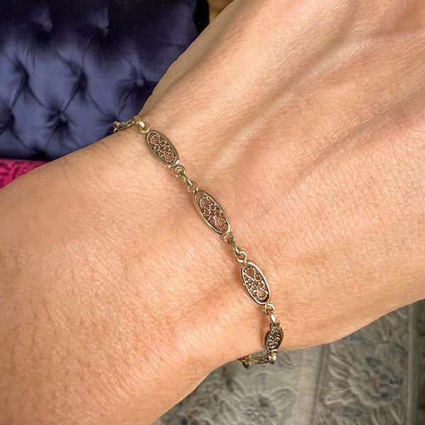 Vintage Gold Filigree Link Bracelet sold by Doyle and Doyle an antique and vintage jewelry boutique