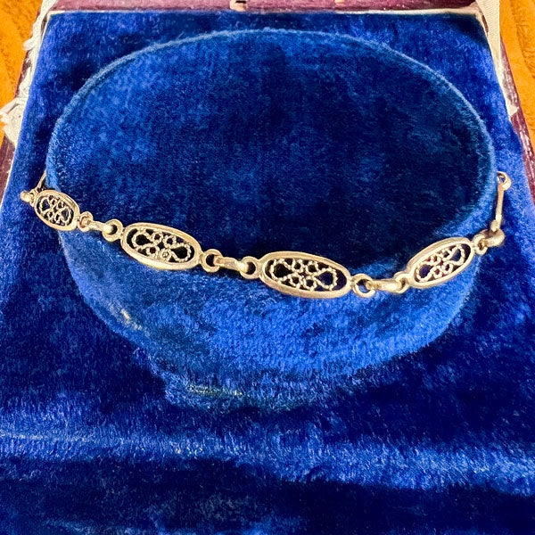 Vintage Gold Filigree Link Bracelet sold by Doyle and Doyle an antique and vintage jewelry boutique