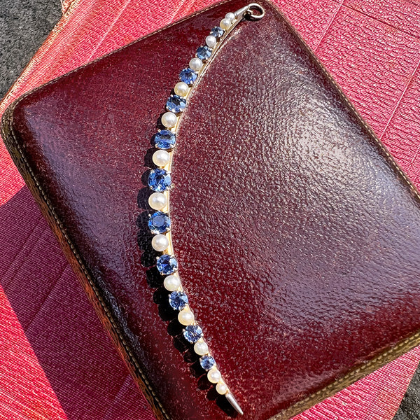 Edwardian Sapphire & Pearl Crescent Pendant sold by Doyle and Doyle an antique and vintage jewelry boutique