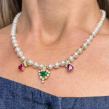 Vintage Pearl Necklace with emerald and ruby drops, sold by Doyle & Doyle antique and vintage jewelry boutique