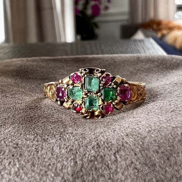 Victorian Emerald & Ruby Ring sold by Doyle and Doyle an antique and vintage jewelry boutique
