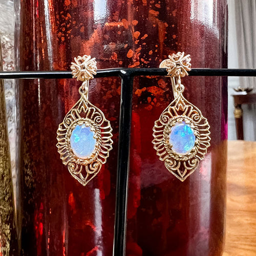Vintage Filigree Opal Drop Earrings sold by Doyle and Doyle an antique and vintage jewelry boutique