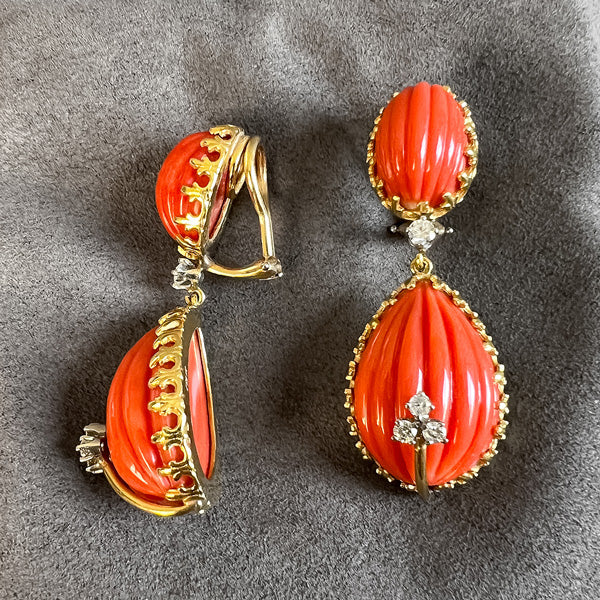 Vintage Coral & Diamond Drop Earrings sold by Doyle and Doyle an antique and vintage jewelry boutique