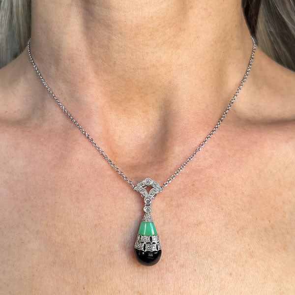 Estate Jade, Onyx & Diamond Pendant sold by Doyle and Doyle an antique and vintage jewelry boutique