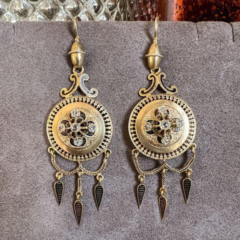 Victorian Gold Enamel Diamond Drop Earrings, from Doyle & Doyle antique and vintage jewelry boutique