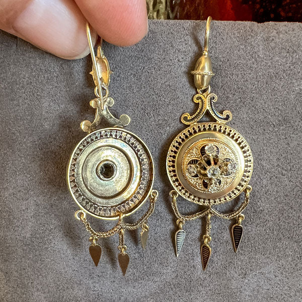 Victorian Gold Enamel Diamond Drop Earrings, from Doyle & Doyle antique and vintage jewelry boutique