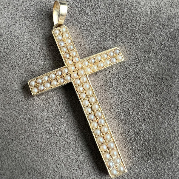 Estate Seed Pearl Cross sold by Doyle and Doyle an antique and vintage jewelry boutique