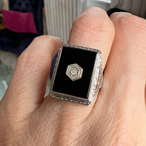 Vintage Diamond & Onyx Filigree Ring sold by Doyle and Doyle an antique and vintage jewelry boutique