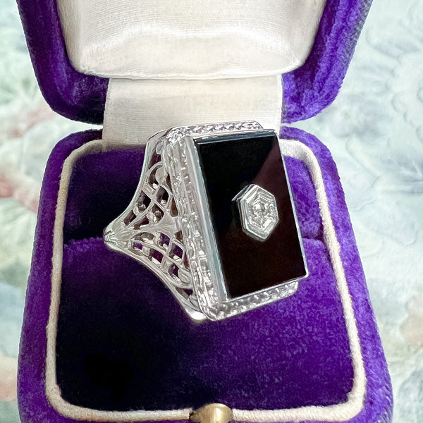 Vintage Diamond & Onyx Filigree Ring sold by Doyle and Doyle an antique and vintage jewelry boutique
