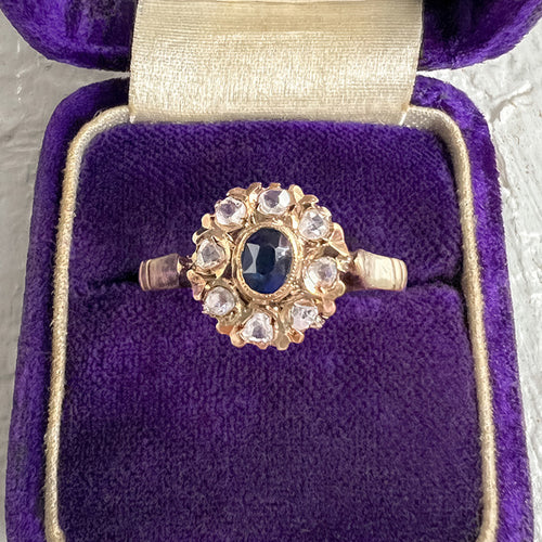 Antique Sapphire & Rose Cut Diamond Ring sold by Doyle and Doyle an antique and vintage jewelry boutique