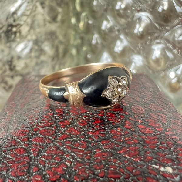 Antique Rose Cut Diamond Enamel Ring sold by Doyle and Doyle an antique and vintage jewelry boutique