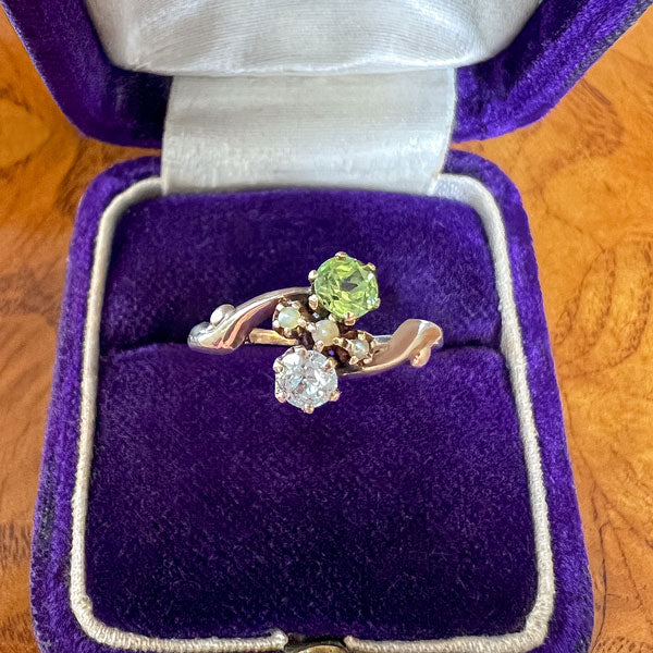 Antique Peridot, Diamond & Pearl Ring sold by Doyle and Doyle an antique and vintage jewelry boutique