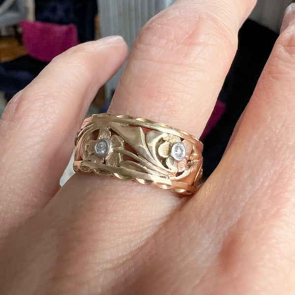 Vintage Patterned Diamond Wedding Band sold by Doyle and Doyle an antique and vintage jewelry boutique