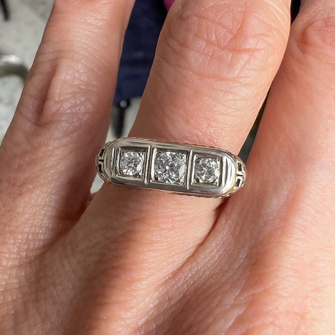 Vintage Filigree Diamond Three Stone Engagement Ring, TRB 0.15ct sold by Doyle and Doyle an antique and vintage jewelry boutique
