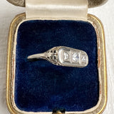 Vintage Filigree Diamond Three Stone Engagement Ring, TRB 0.15ct sold by Doyle and Doyle an antique and vintage jewelry boutique