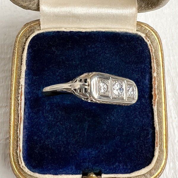 Vintage Filigree Diamond Three Stone Engagement Ring, TRB 0.15ct sold by Doyle and Doyle an antique and vintage jewelry boutique