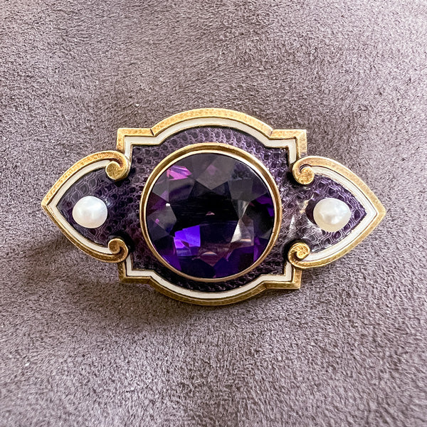 Art Nouveau Amethyst, Pearl Enamel Pinsold by Doyle and Doyle an antique and vintage jewelry boutique 