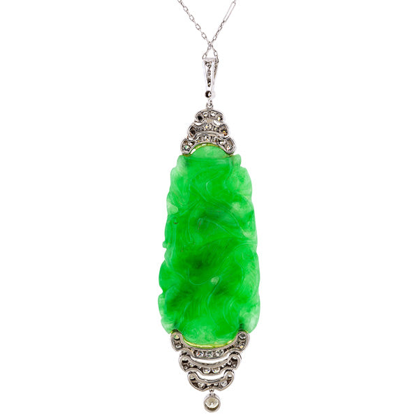 Art Deco Carved Jade & Diamond Pendant Necklace, from Doyle & Doyle antique and vintage jewelry boutique