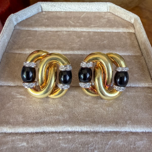 Vintage Onyx & Diamond Double Link Clip Earrings sold by Doyle and Doyle an antique and vintage jewelry boutique