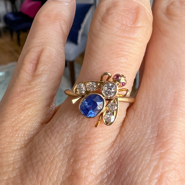 Antique Sapphire, Diamond & Ruby Bee Ring sold by Doyle and Doyle an antique and vintage jewelry boutique