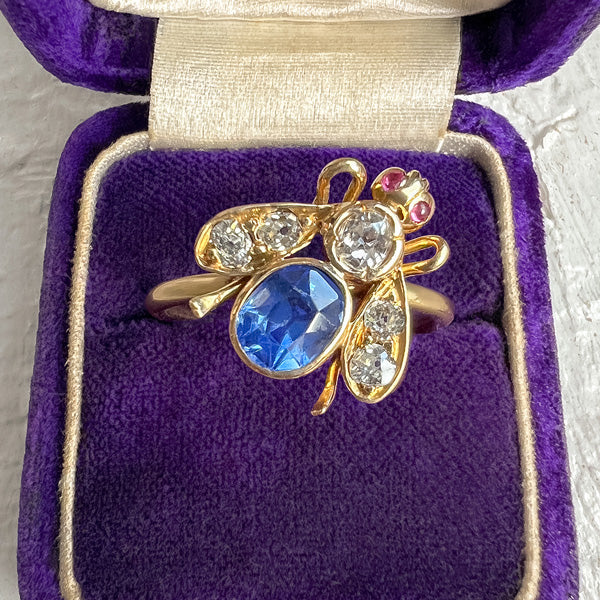 Antique Sapphire, Diamond & Ruby Bee Ring sold by Doyle and Doyle an antique and vintage jewelry boutique