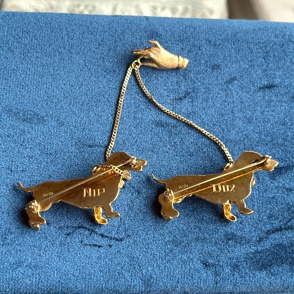 Vintage Gold Dachshunds on Leashes with Hand Pins, from Doyle & Doyle vintage and antique jewelry