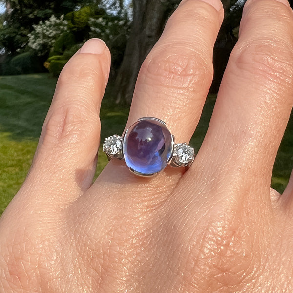 Vintage Sugarloaf Sapphire & Diamond Ring sold by Doyle and Doyle an antique and vintage jewelry boutique