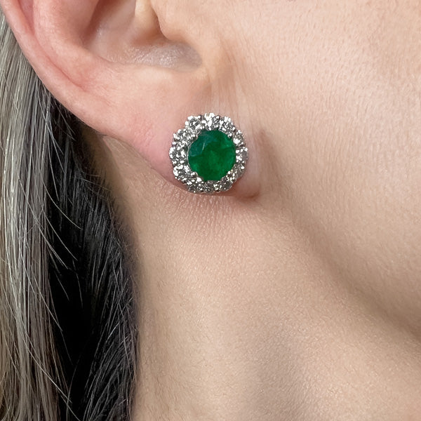Estate Emerald & Diamond Halo Earrings sold by Doyle and Doyle an antique and vintage jewelry boutique