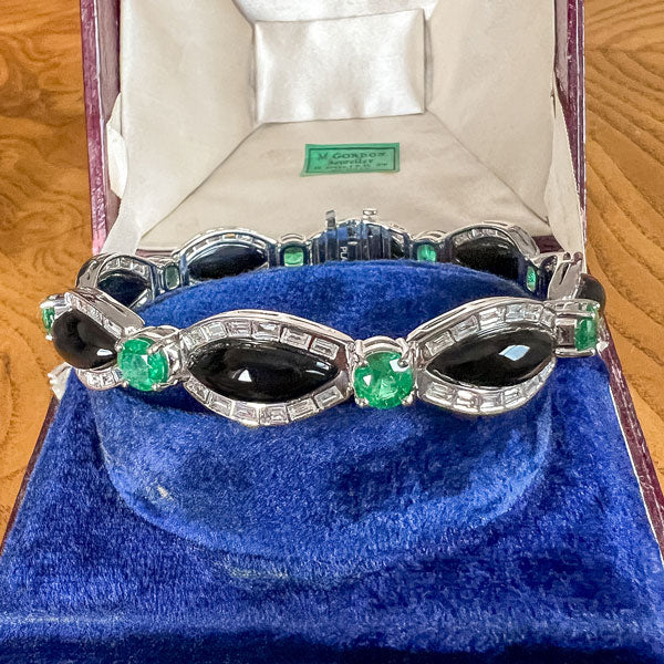 Estate Emerald, Onyx & Diamond Bracelet sold by Doyle and Doyle an antique and vintage jewelry boutique