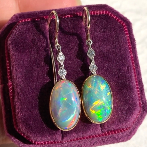 Art Deco Opal & Diamond Drop Earrings, from Doyle & Doyle antique and vintage jewelry boutique