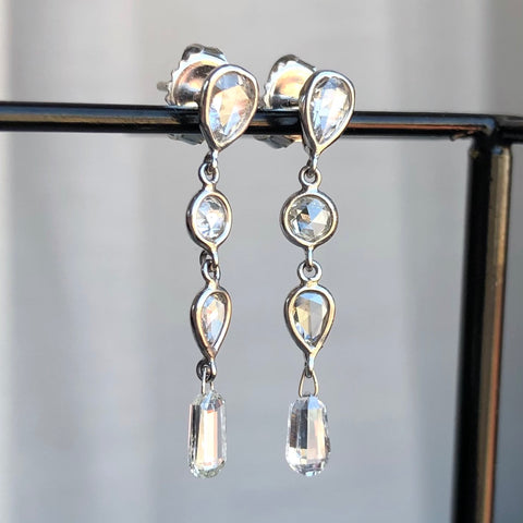 Diamond Drop Earrings, with rose cut and briolette cut diamonds in platinum, from Doyle & Doyle antique and vintage jewelry boutique