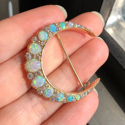 Victorian Opal & Diamond Crescent Pin, from Doyle & Doyle antique and vintage jewelry boutique