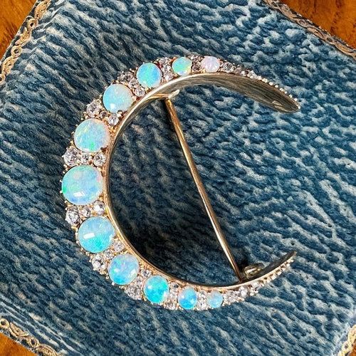 Victorian Opal & Diamond Crescent Pin, from Doyle & Doyle antique and vintage jewelry boutique