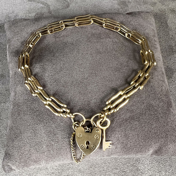 Antique Gate Link Bracelet Heart Padlock Clasp sold by Doyle and Doyle an antique and vintage jewelry boutique