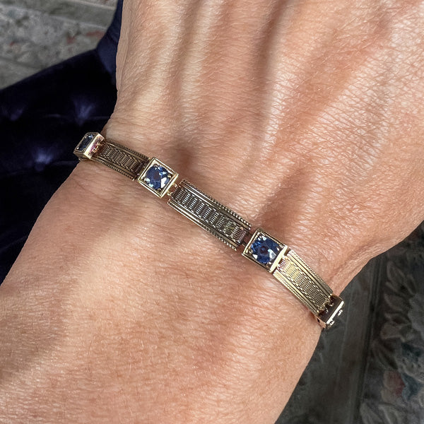 Antique Sapphire Engraved Link Bracelet sold by Doyle and Doyle an antique and vintage jewelry boutique