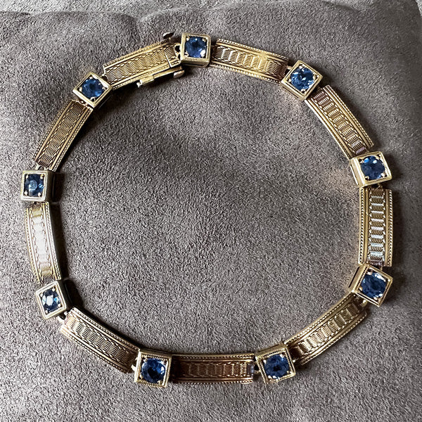Antique Sapphire Engraved Link Bracelet sold by Doyle and Doyle an antique and vintage jewelry boutique