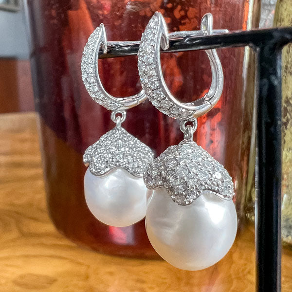 Vintage Diamond & South Sea Pearl Drop Earrings sold by Doyle and Doyle an antique and vintage jewelry boutique