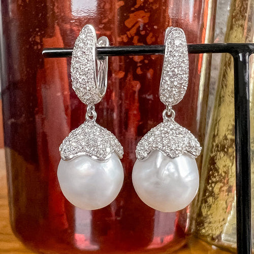 Vintage Diamond & South Sea Pearl Drop Earrings sold by Doyle and Doyle an antique and vintage jewelry boutique