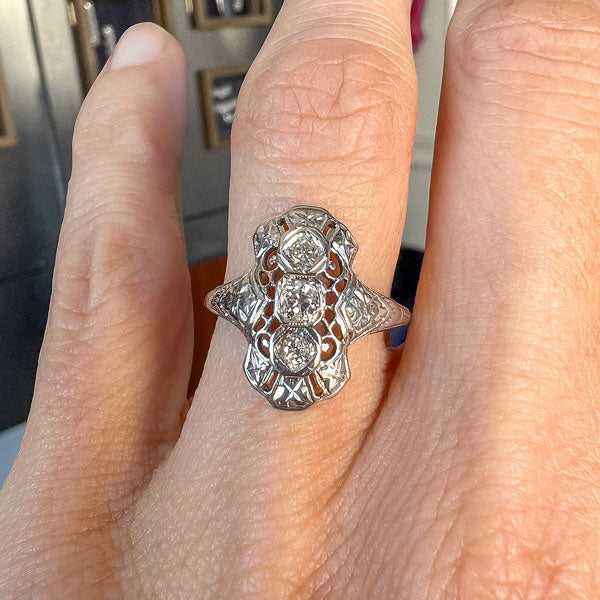 Vintage Filigree Diamond Dinner Ring sold by Doyle and Doyle an antique and vintage jewelry boutique