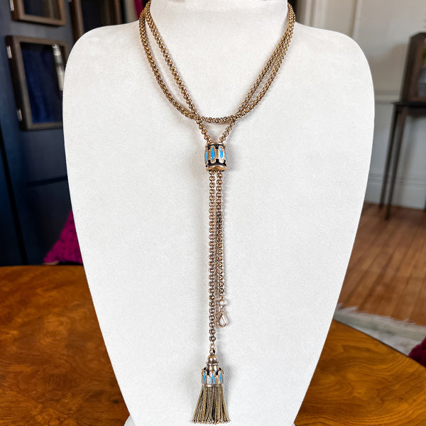Victorian Enamel Tassel Slide Chain Necklace, from Doyle & Doyle antique and vintage jewelry boutique